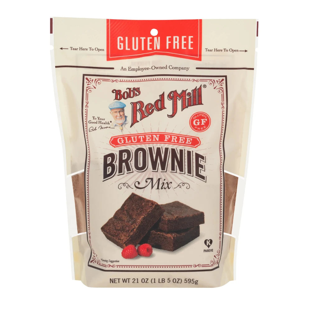 Bob's Red Mill gluten free brownie mix package on a white background