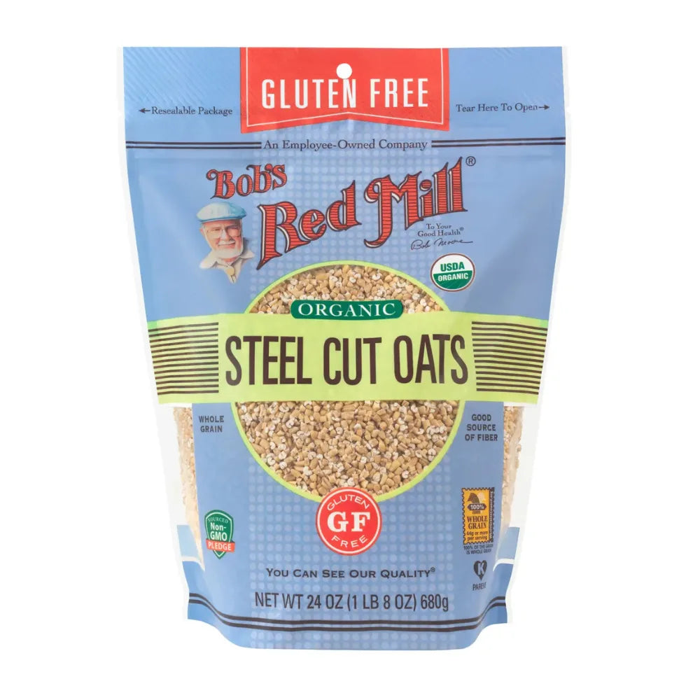 Bag of Bob's Red Mill organic steel cut oats with gluten-free label on a white background