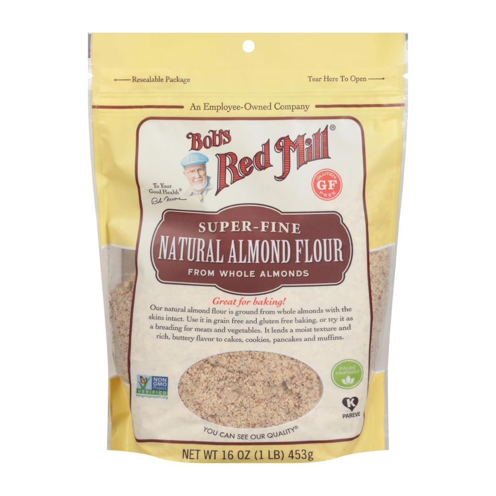 Bag of Bob's Red Mill super-fine natural almond flour on a white background