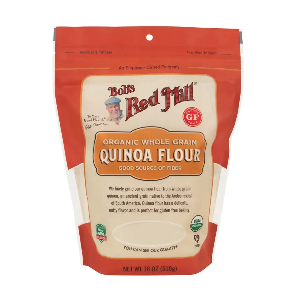 Bag of Bob's Red Mill organic whole grain quinoa flour on a white background