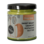 Jar of borna sweet roast crunchy pistachio butter on a white background