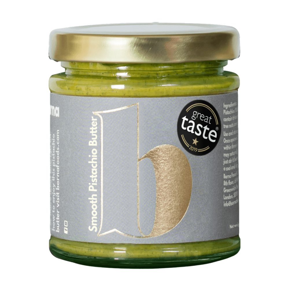 Jar of Smooth Pistachio Butter with 'great taste' award on a white background