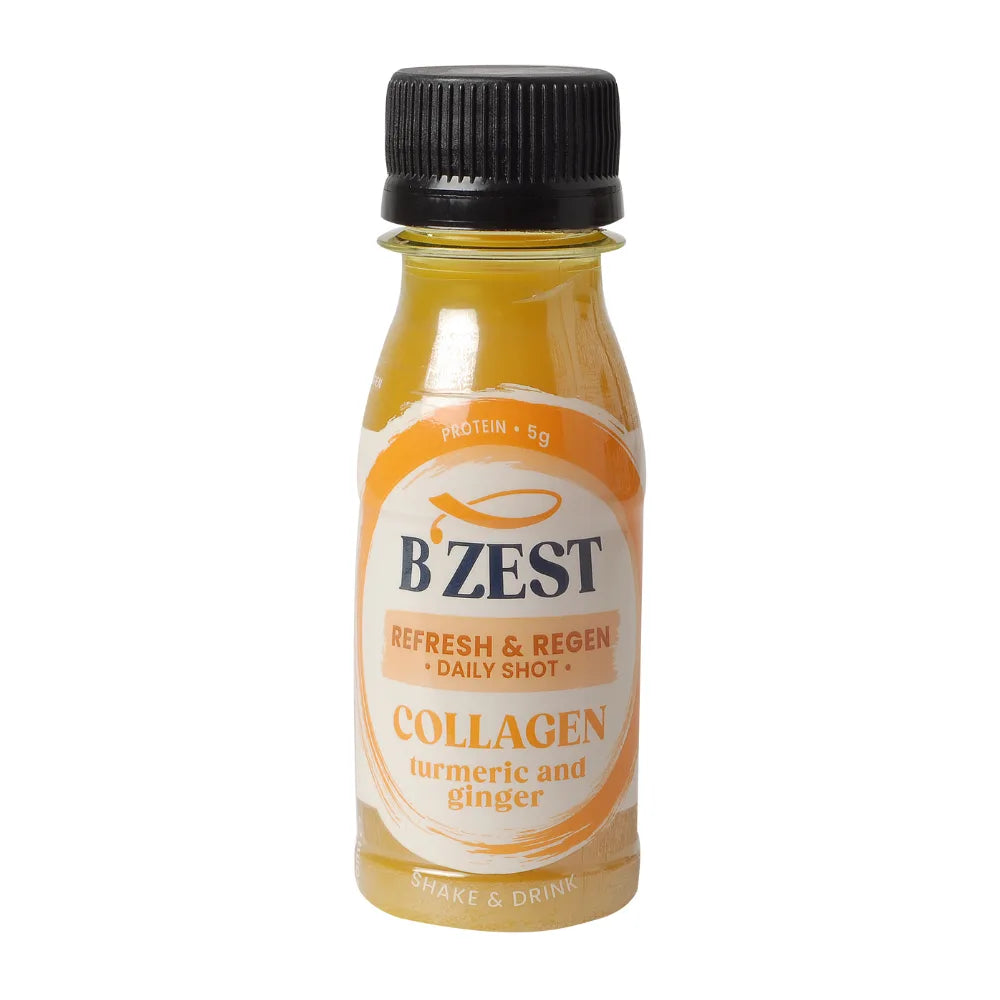 Bottle of B'Zest Collagen with Turmeric and Ginger on a white background