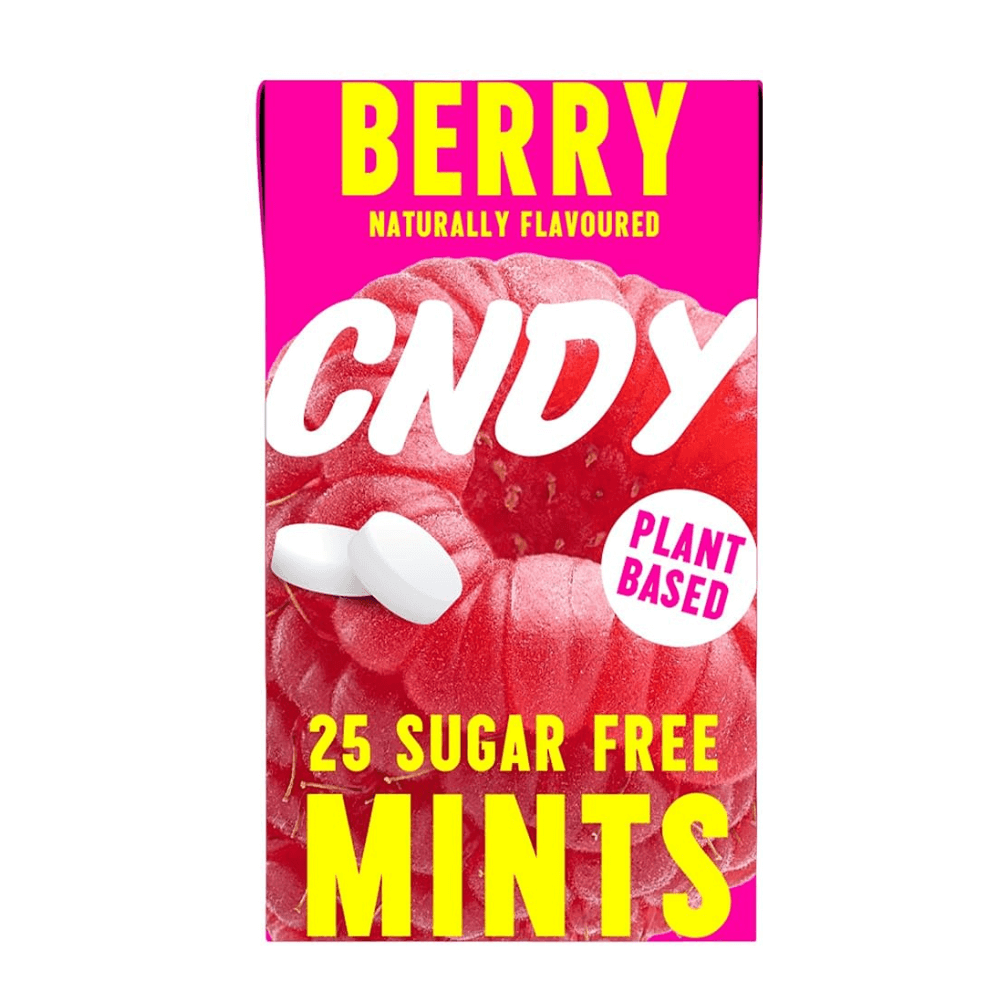 Pack of berry-flavored mints with a pink background and white text.