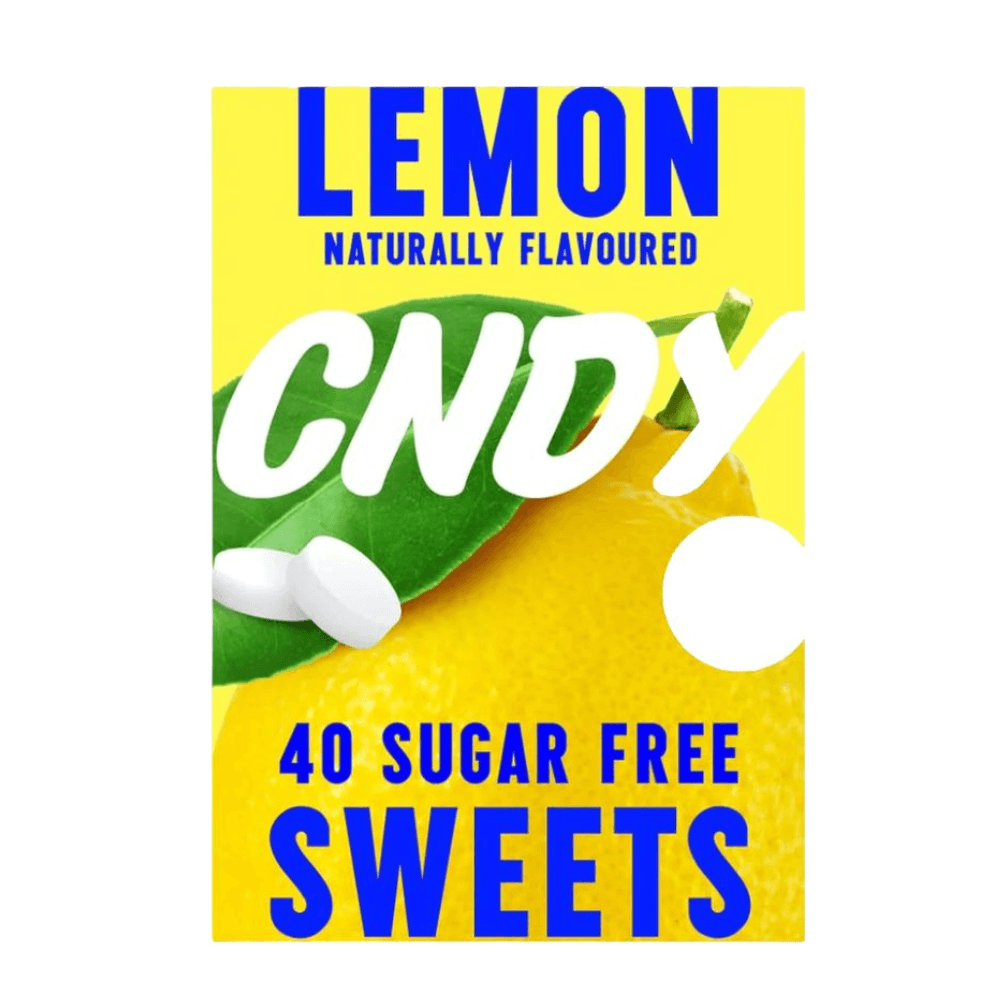 Packaging of lemon-flavored candy with a yellow background, green leaf, and white candies.