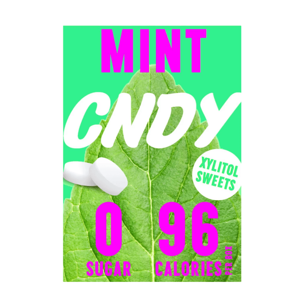 Mint candy packaging with green leaf, white candies, and text on a green background