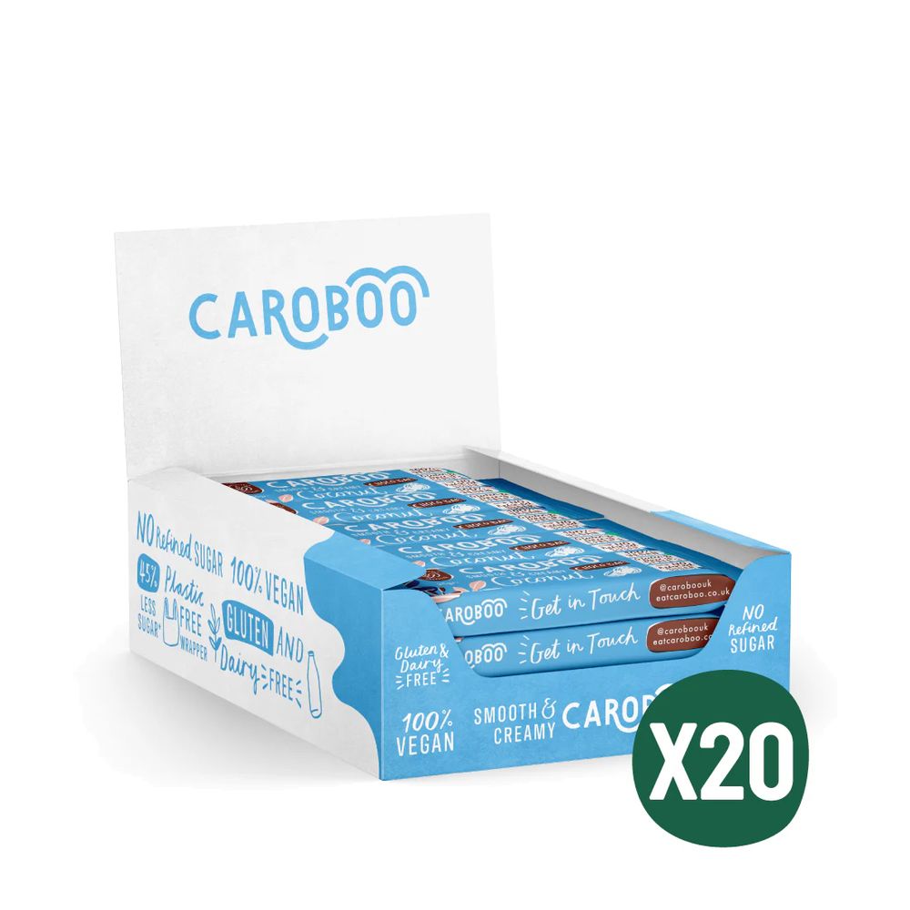Box of Caroboo chocolate bars with a clear view of the packaging