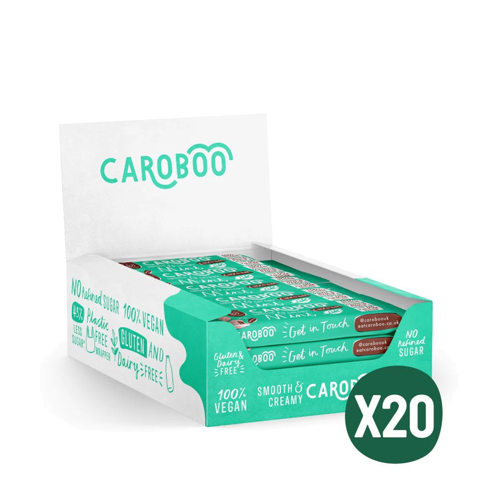 Box of Caroboo carob bars with a white background
