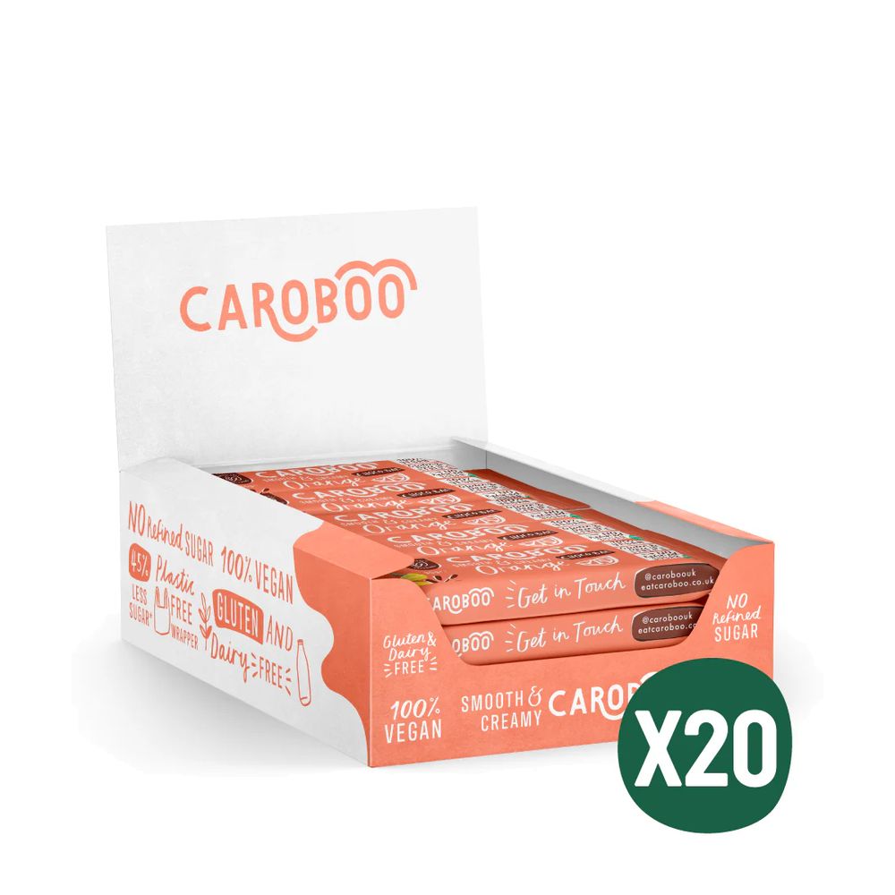 Box of Caroboo carob bars with 20 bars inside on a white background