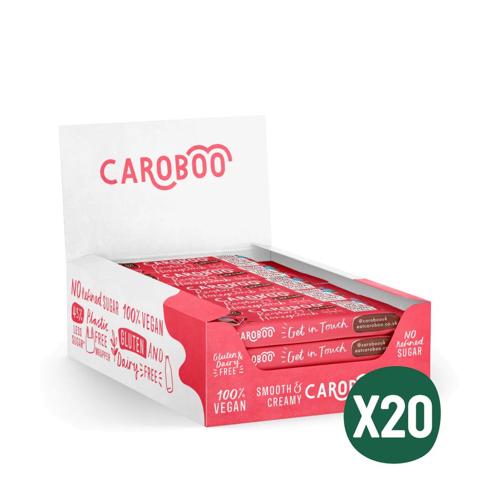 Box of Caroboo chocolate bars with 20 bars inside on a white background