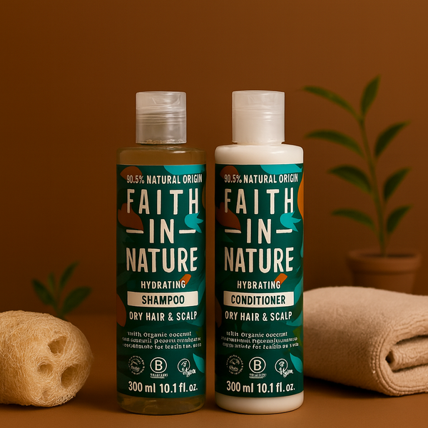 Two bottles of Faith In Nature shampoo and conditioner on a brown background with a sponge and towel.