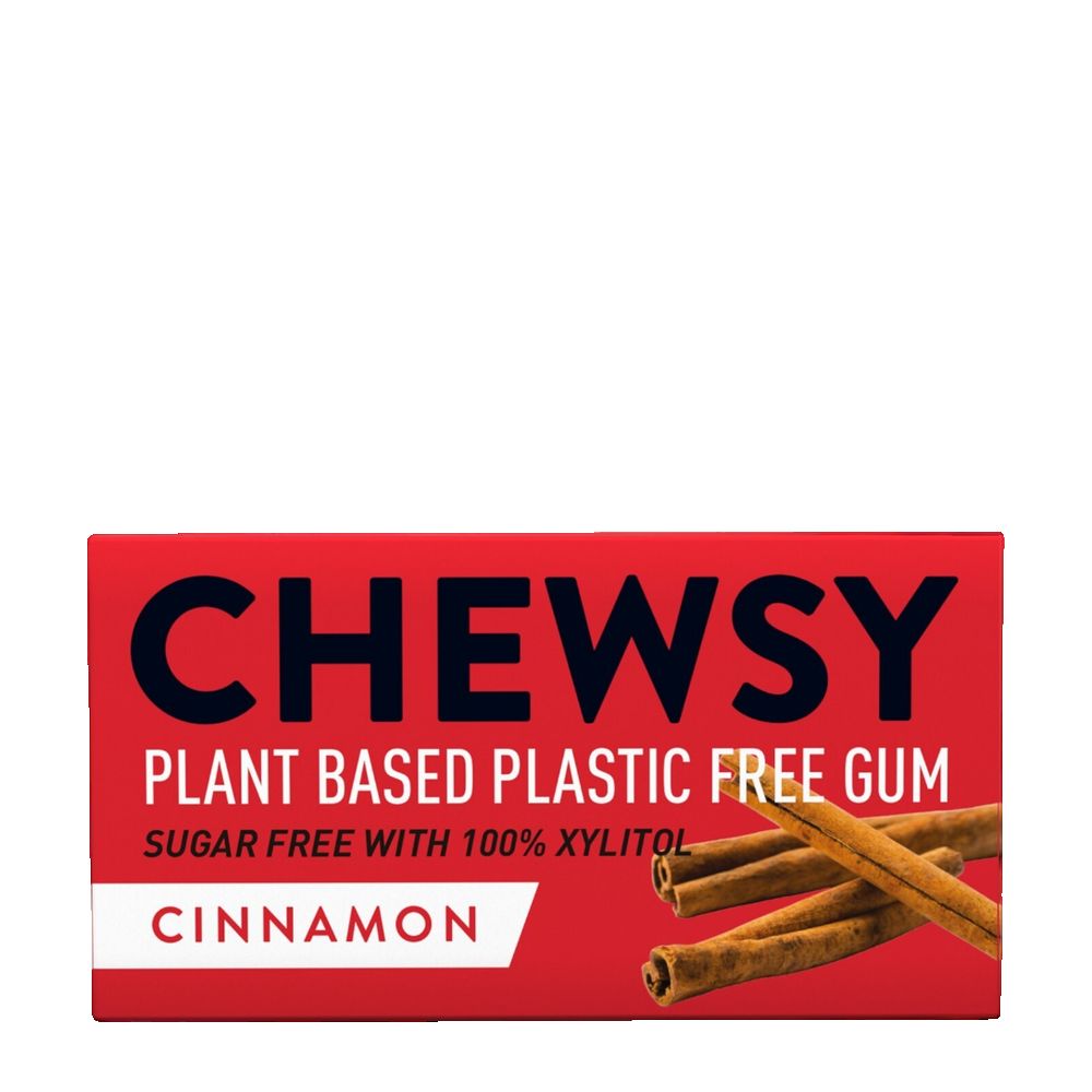 Red box of Chewsy plant-based plastic-free cinnamon gum on a white background
