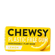 Yellow package of Chewsy plastic-free lemon gum on a white background