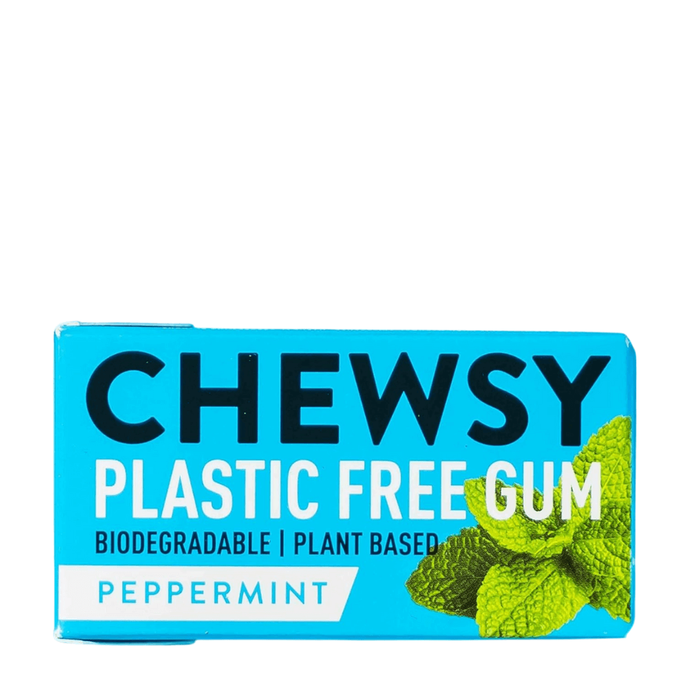 Box of Chewsy plastic free gum with peppermint flavor on a white background