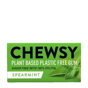 Chewsy plant-based plastic-free gum packaging with spearmint flavor on a white background