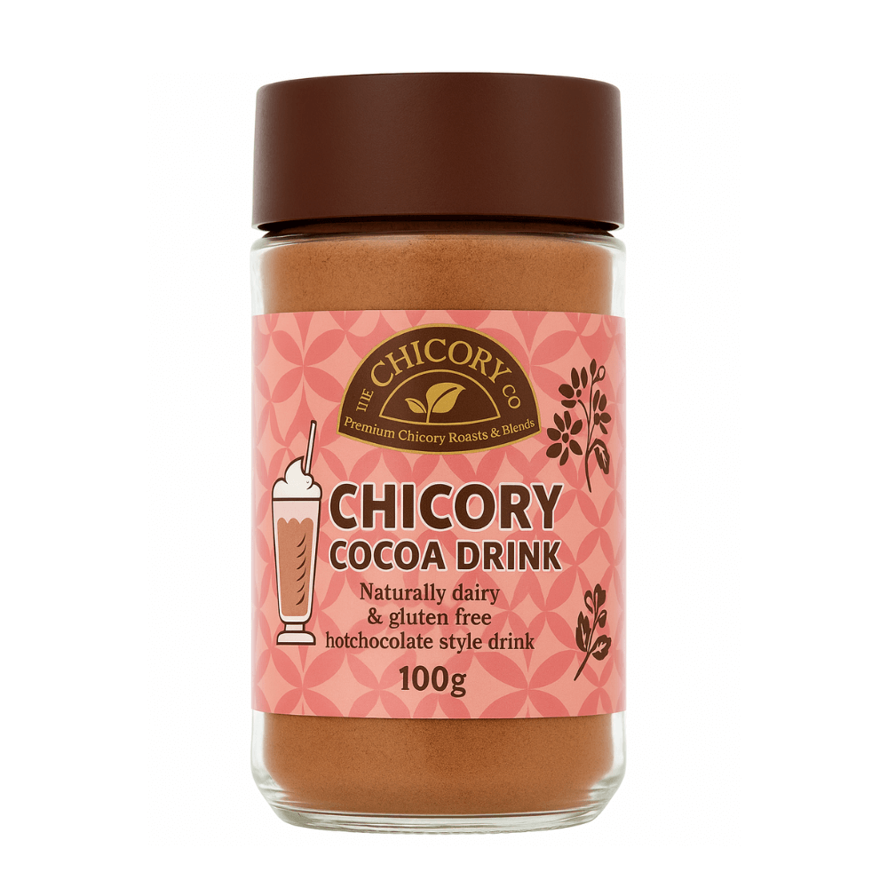 Jar of Chicory cocoa drink with pink label on a white background