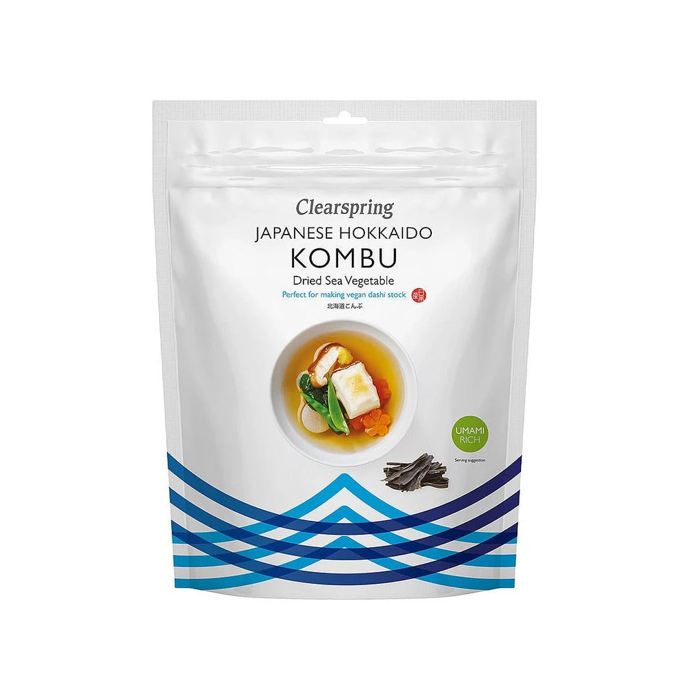 Clearspring Japanese Hokkaido Kombu dried sea vegetable package on a white background