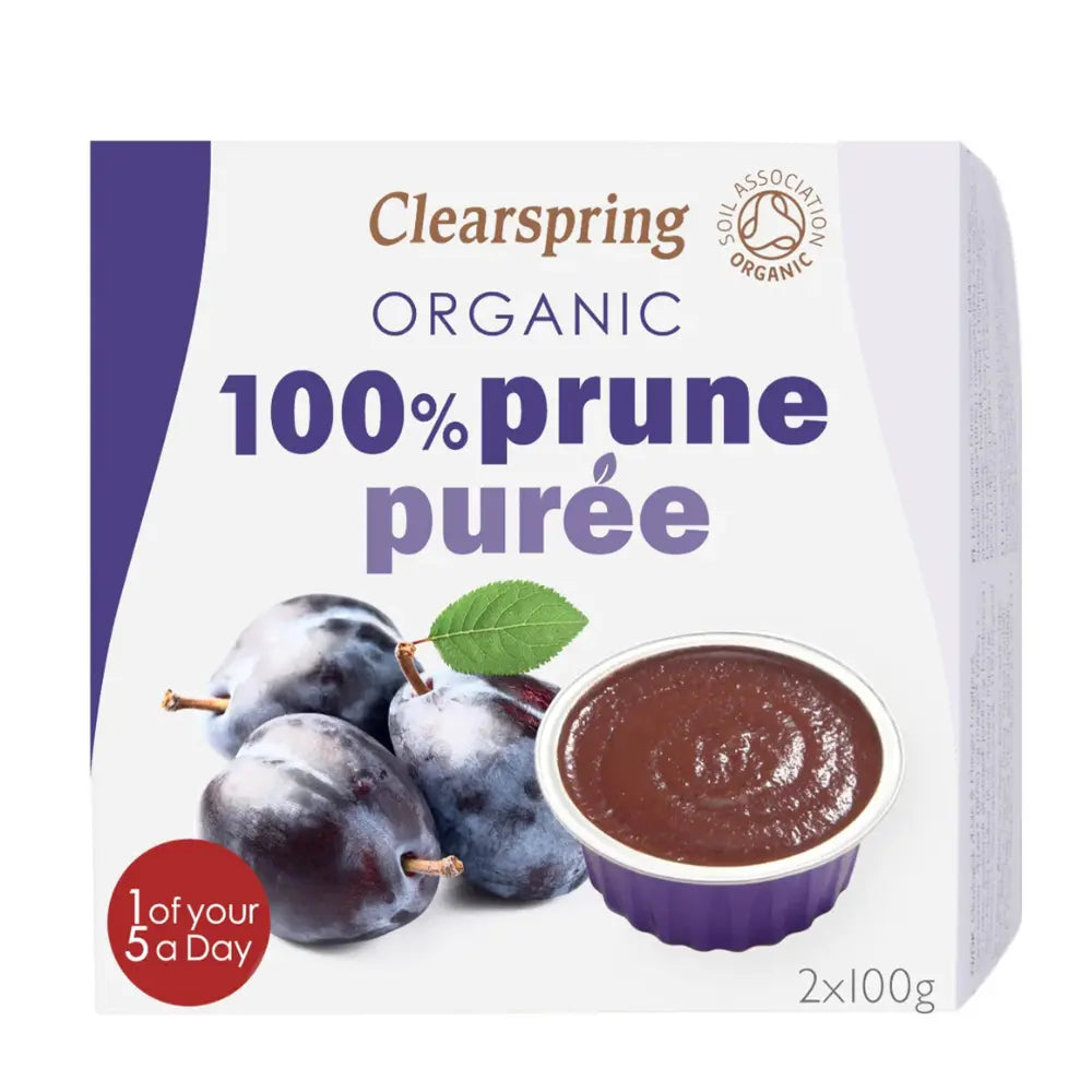 Clearspring Organic 100% prune puree packaging with prunes and puree illustration.