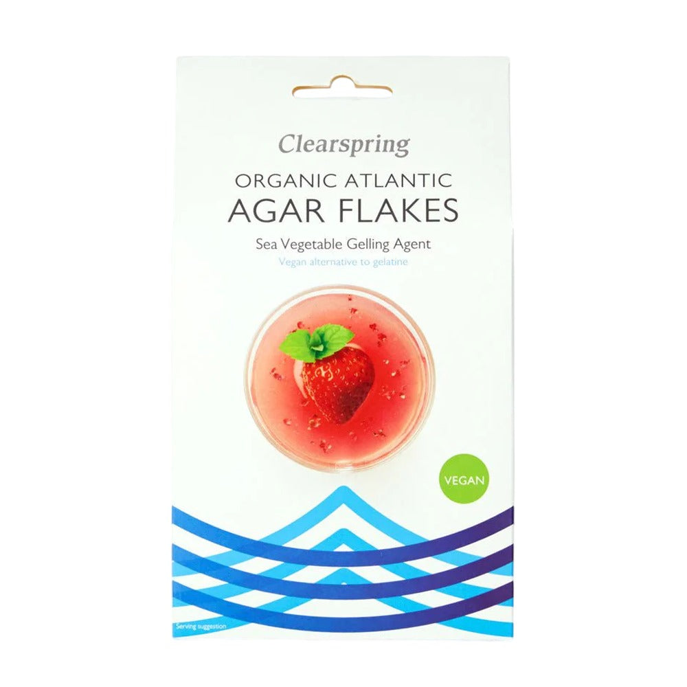 Clearspring Organic Atlantic Agar Flakes packaging with a strawberry illustration on a white background