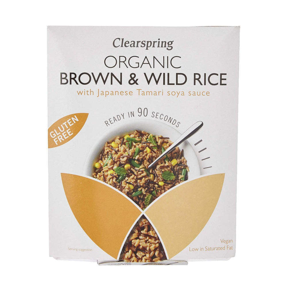 Clearspring Organic Brown & Wild Rice package with Japanese Tamari soya sauce on a white background