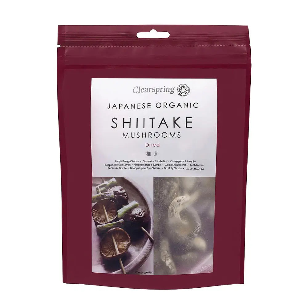 Clearspring Japanese Organic Shiitake Mushrooms packaging on a white background