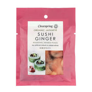 Clearspring organic Japanese sushi ginger packaging with pink background