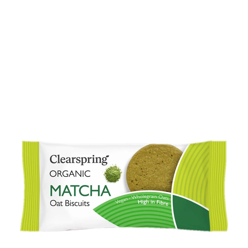 Clearspring Organic Matcha Oat Biscuits packaging on a white background