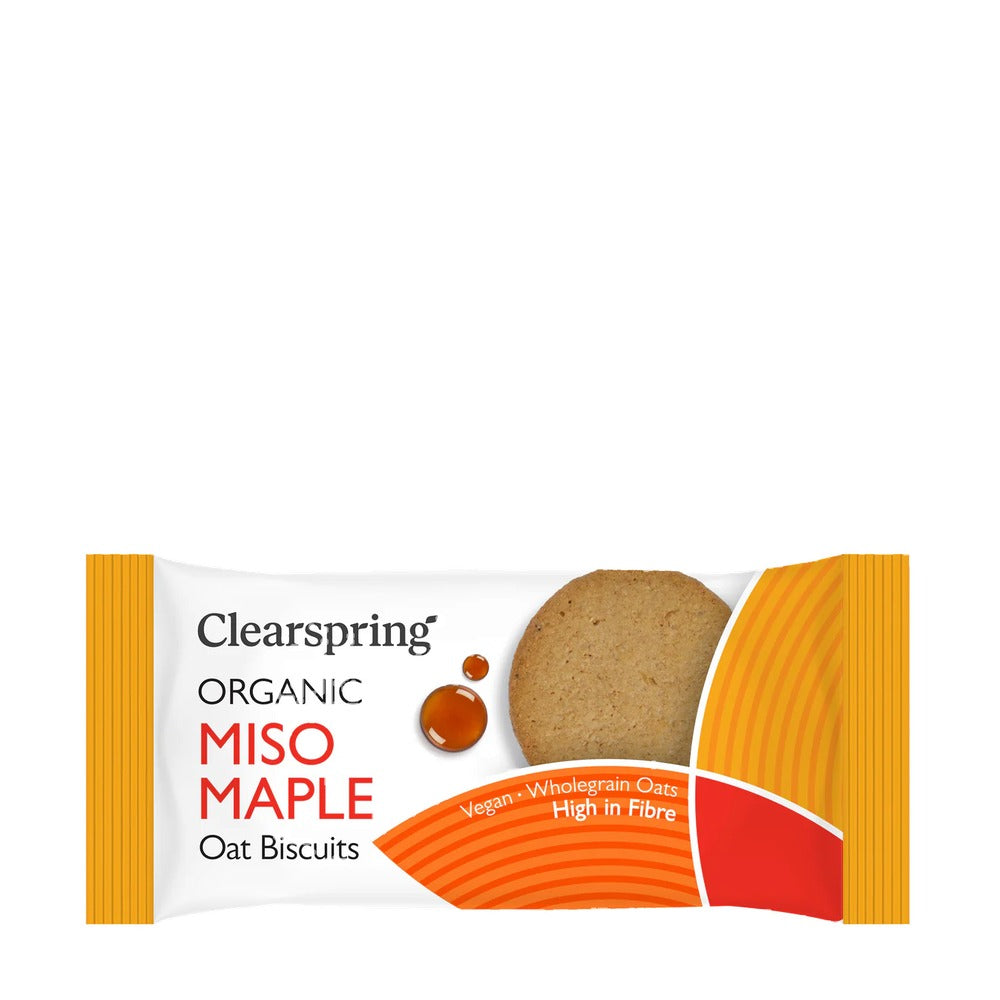 Clearspring Organic Miso Maple Oat Biscuits packaging on a white background