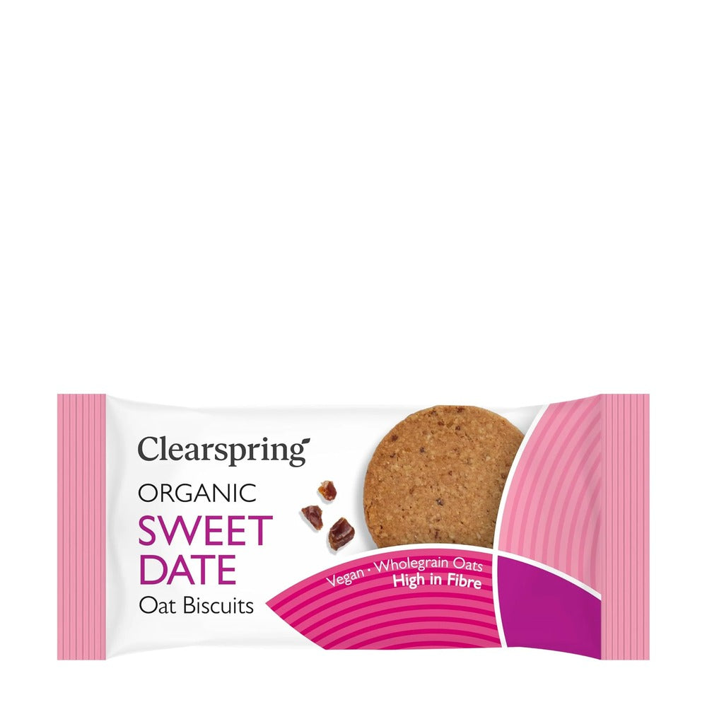 Clearspring Organic Sweet Date Oat Biscuits packaging on a white background