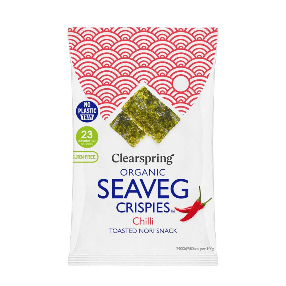 Clearspring Organic Seaveg Crispies Chilli snack package on a white background