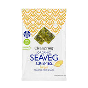 Clearspring Organic Seaveg Crispies Ginger Toasted Nori Snack packaging on a white background