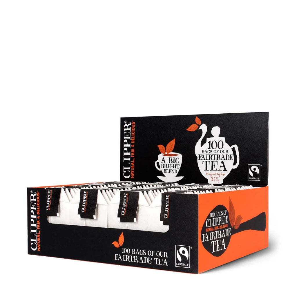 Box of Clipper Fairtrade tea bags on a white background