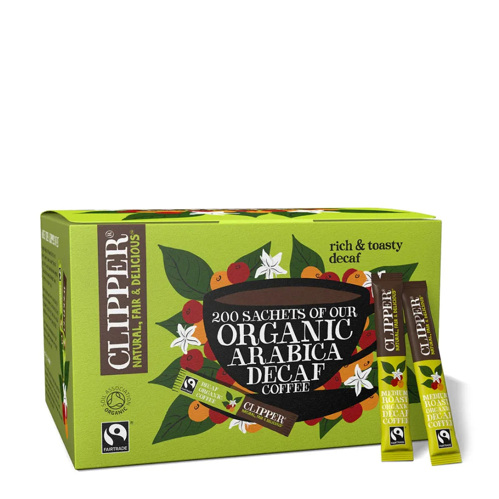 Box of Clipper Organic Arabica Decaf coffee with two individual packets on a white background