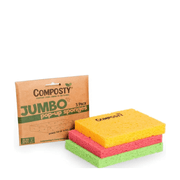 Three compostable jumbo pop-up sponges with a Composty branded packaging on a white background