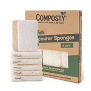Compostable sponges with packaging labeled 'Composty' on a white background