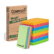 Stack of colorful sponges with Composty packaging on a white background