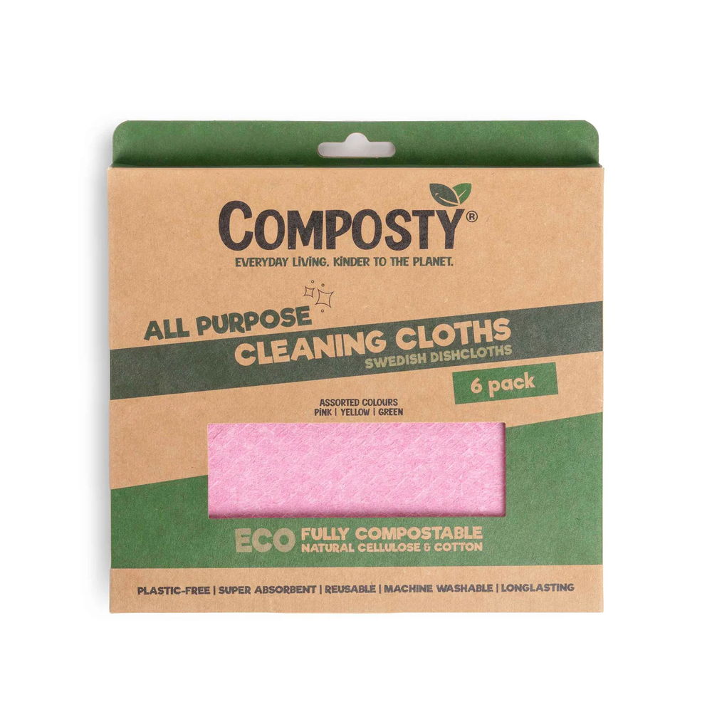 Composty all-purpose cleaning cloths packaging with a pink cloth sample on a white background