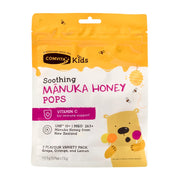 Packaging of Comvita Kids Soothing Manuka Honey Pops with a bear illustration on a white background.