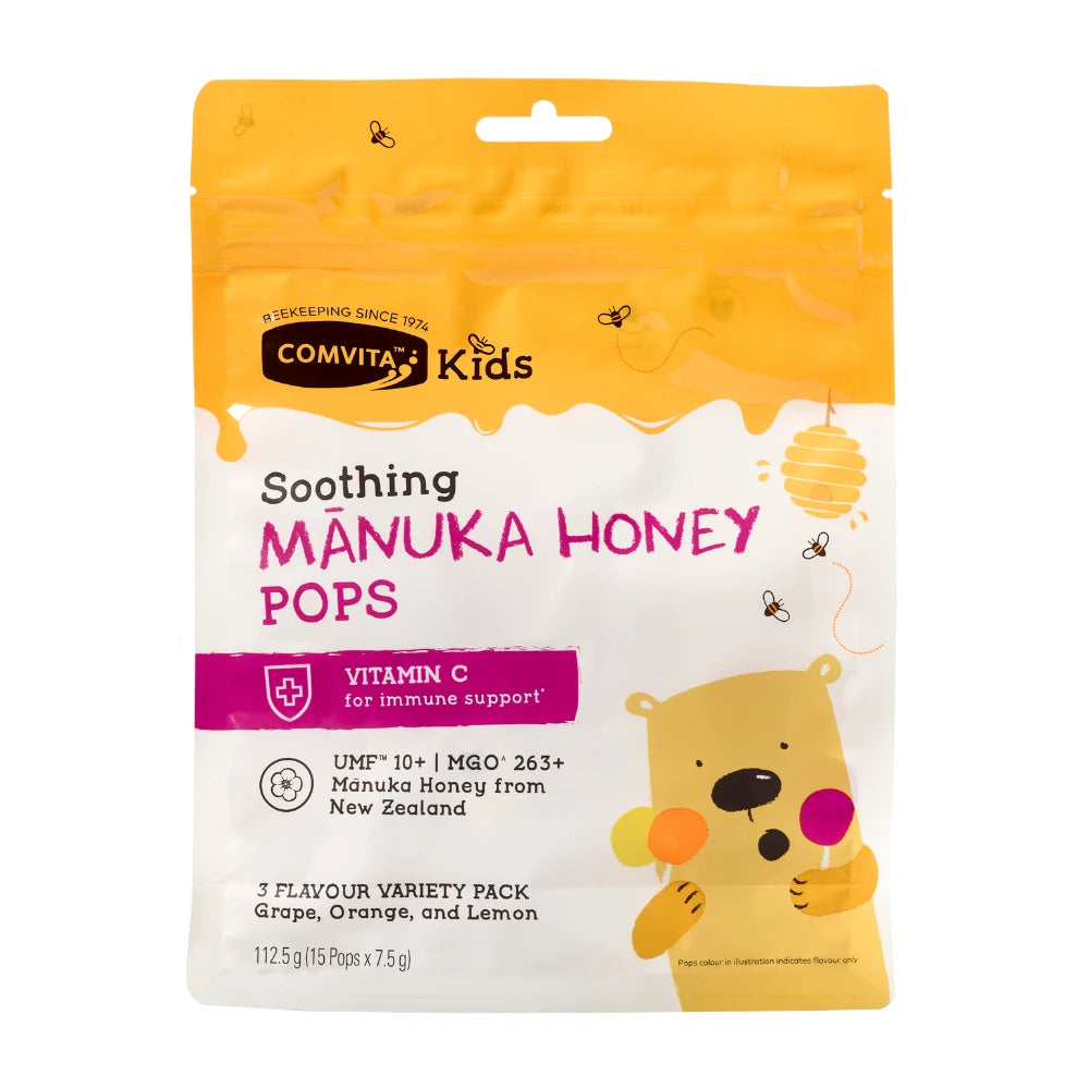 Packaging of Comvita Kids Soothing Manuka Honey Pops with a bear illustration on a white background.