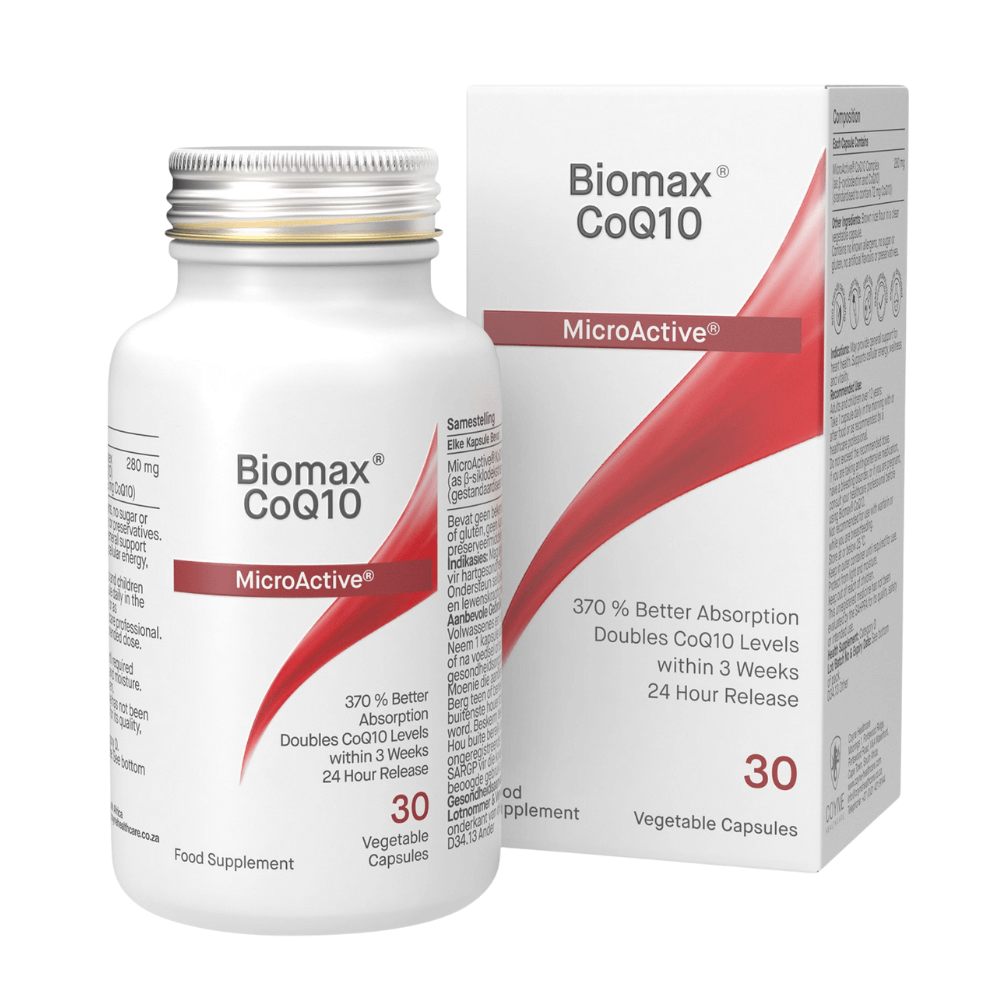 Biomax CoQ10 supplement bottle and packaging on a white background
