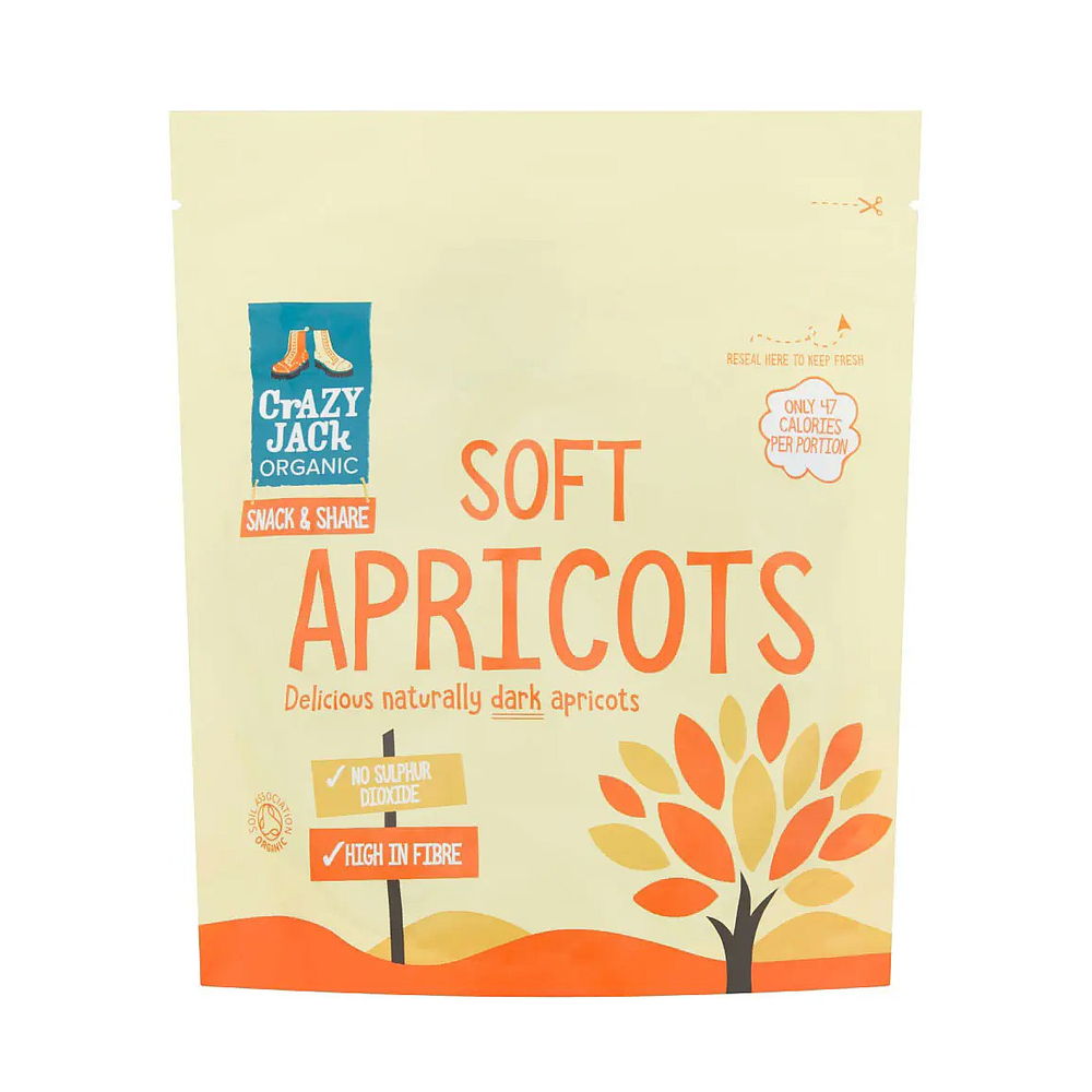 Packaging of Crazy Jack Organic Soft Apricots on a beige background
