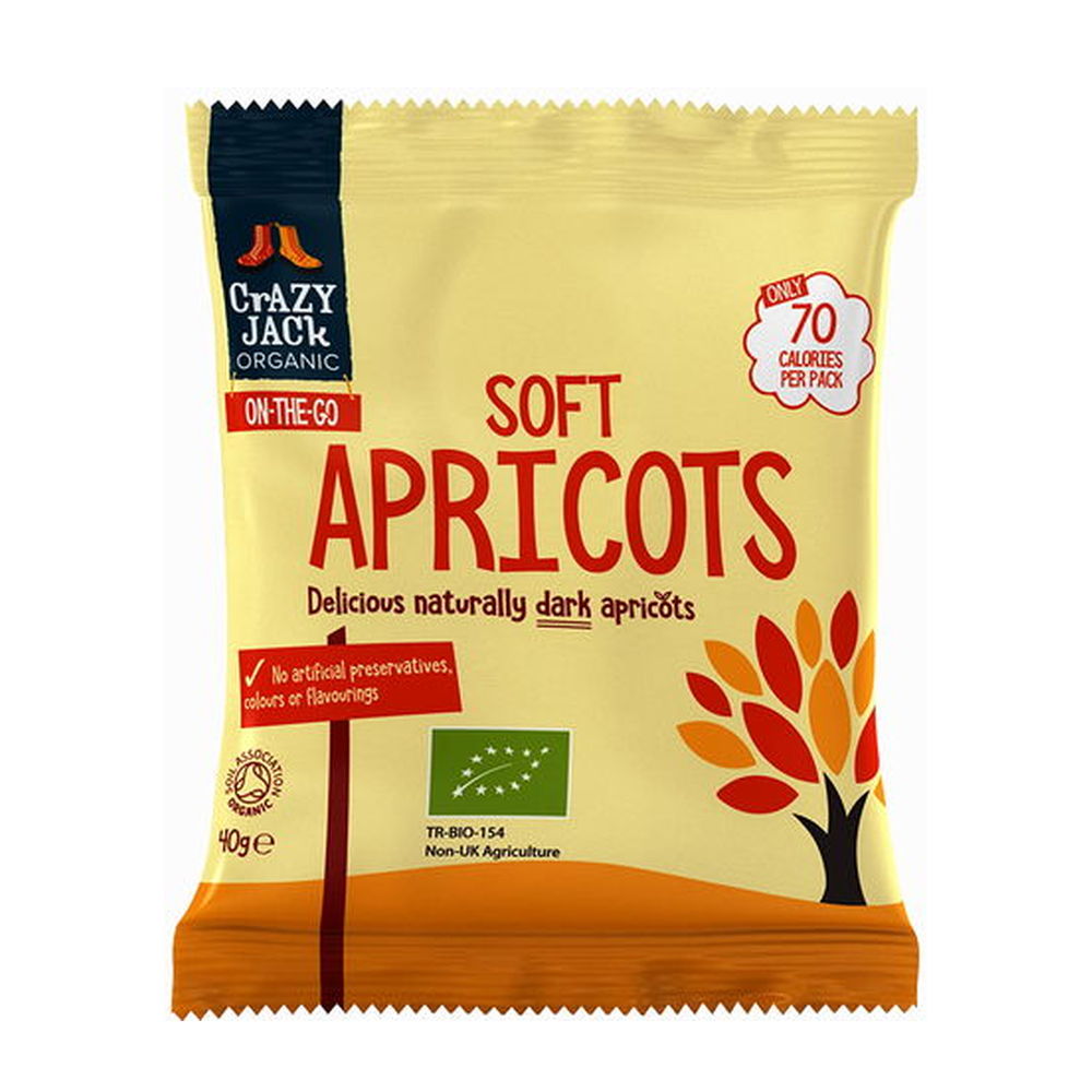 Packaged soft apricots with Crazy Jack Organic branding on a white background