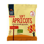 Packaged soft apricots with Crazy Jack Organic branding on a white background