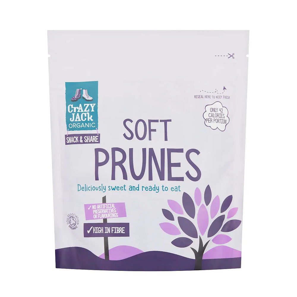 Package of Crazy Jack Organic soft prunes on a white background