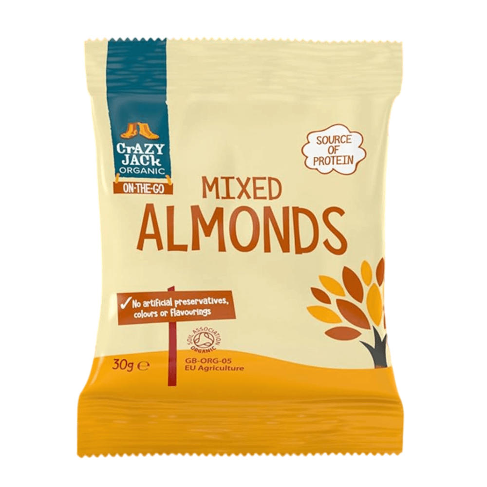Packaged mixed almonds with Crazy Jack Organic branding on a white background