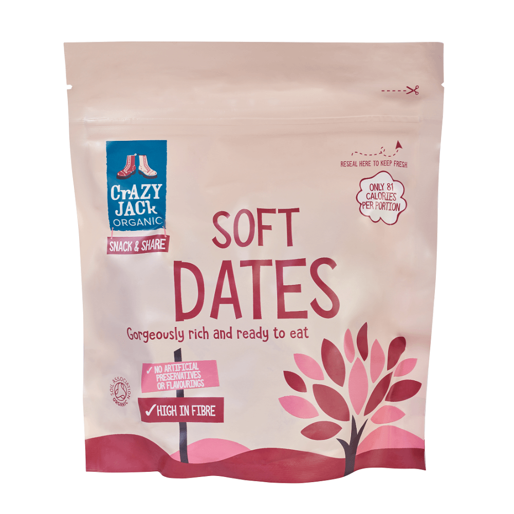 Package of Crazy Jack Organic Soft Dates on a white background