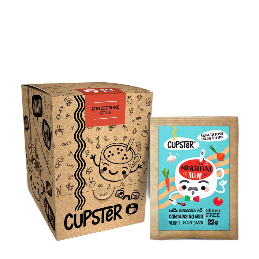 Cupster Minestrone Soup packaging including box and individual packet on a white background