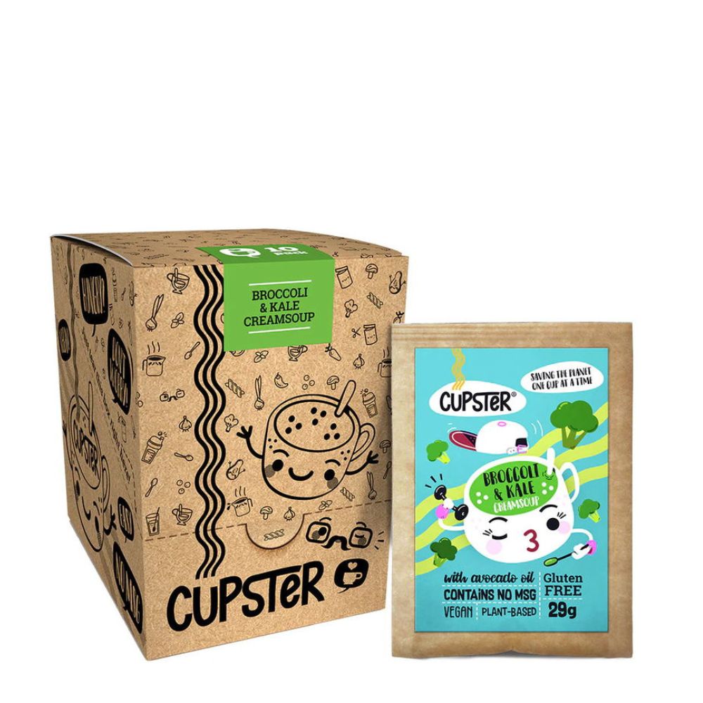 Cupster broccoli and kale cream of soup packaging on a white background