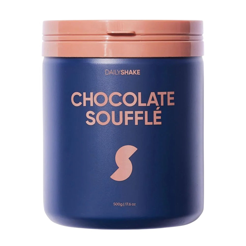 Blue container of Daily Shake Chocolate Souffle on a white background
