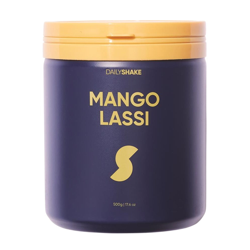 Container of Daily Shake Mango Lassi on a white background